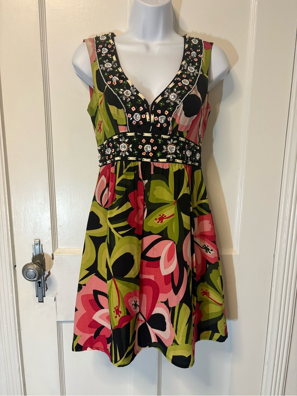 Nanette Lepore Floral Sleeveless V-Neck Dress with Pink & Green